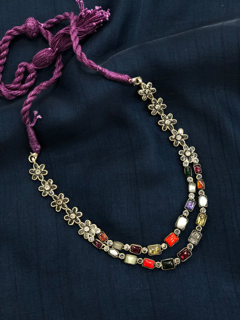 925 silver double layer navratna necklace