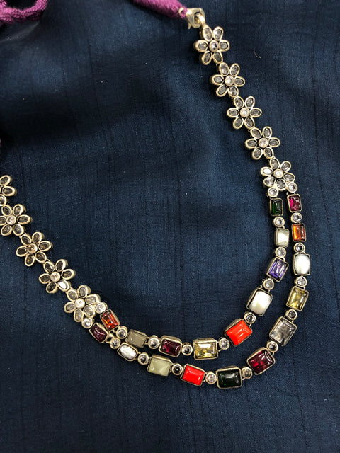 925 silver double layer navratna necklace