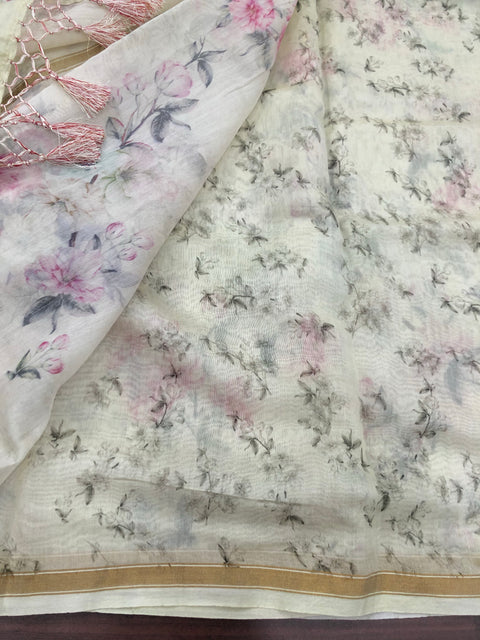Off white Floral Printed pure munga silk saree