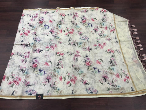 Off white Floral Printed pure munga silk saree