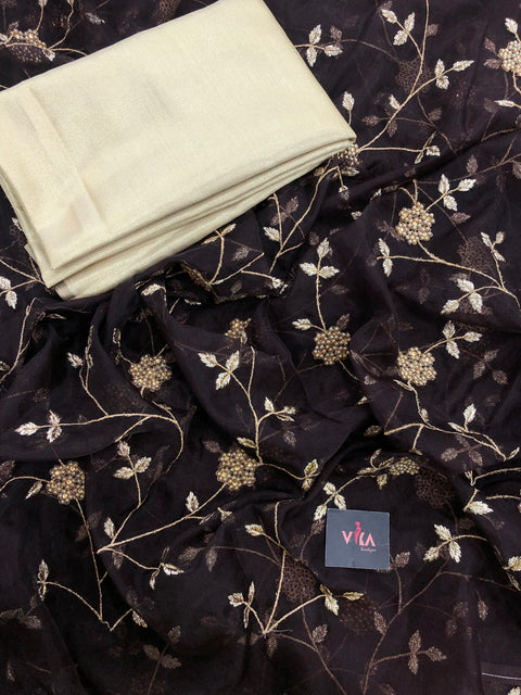 Designer organza saree  with blouse - Dark brown