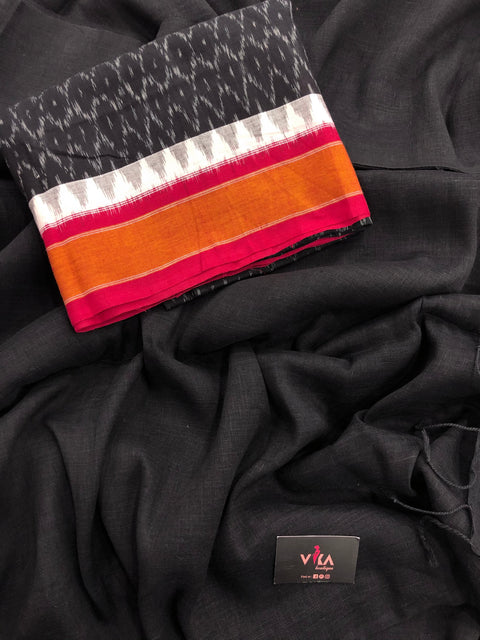 Black Linen saree with Ikat blouse