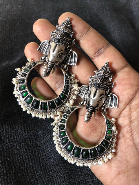 Green Ganesha 925 silver earring