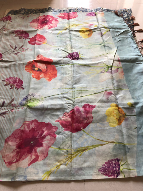 Floral printed tussar ghicha silk saree